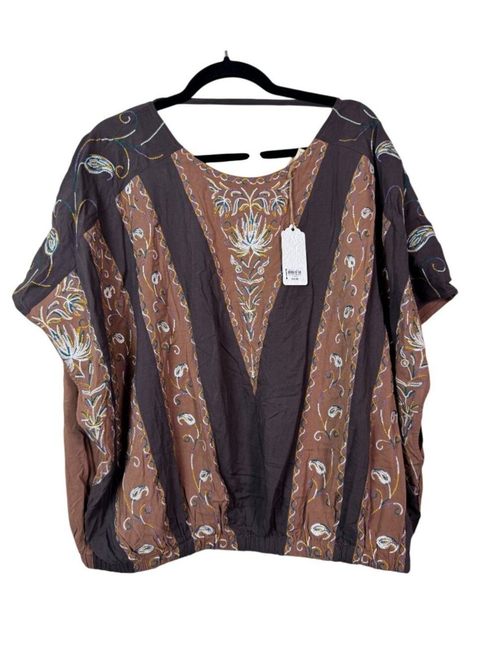 NEW Sterling & Stitch Womens Embroidered Brown Top XXL Boxy Boho Lightweight
